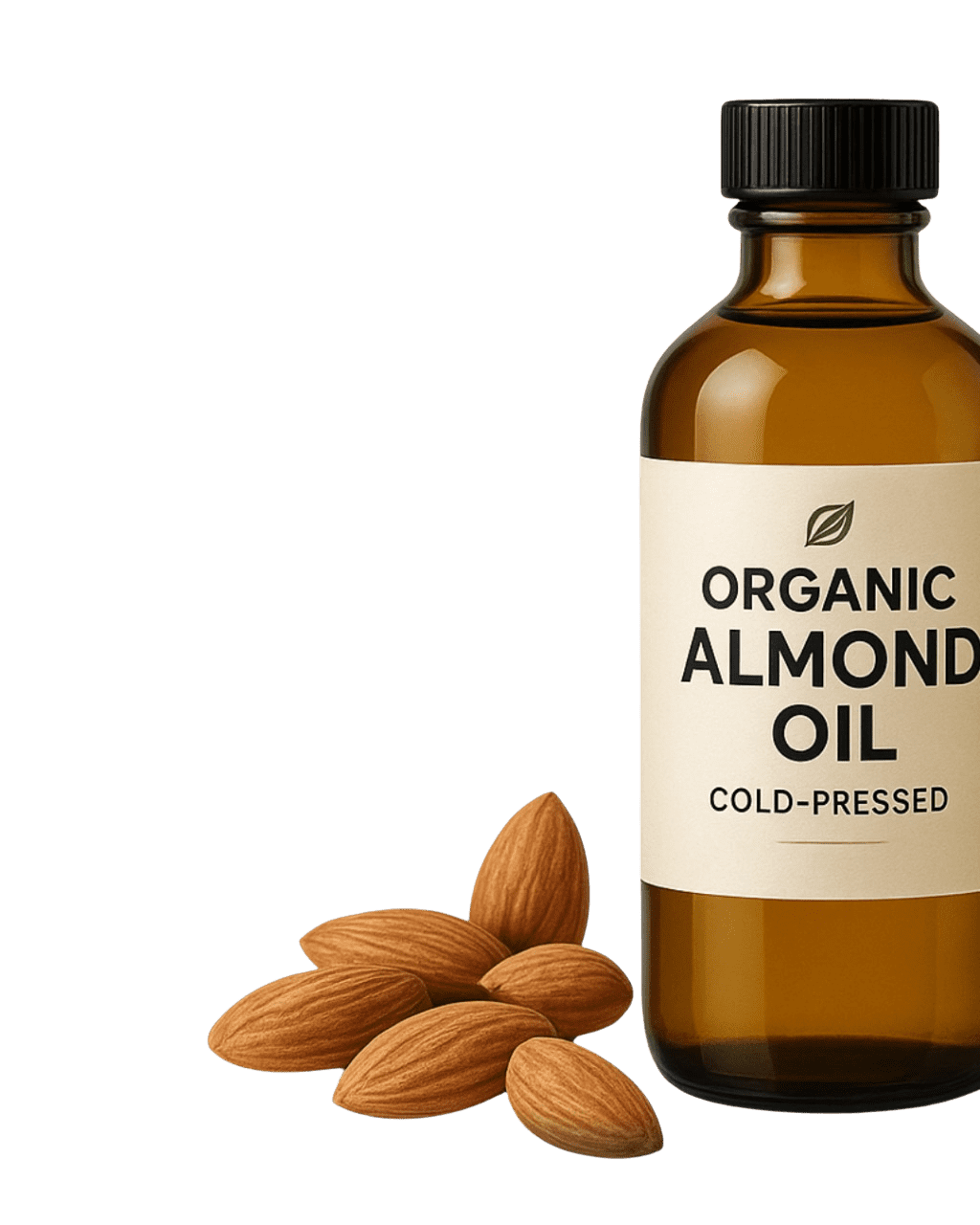 Organic Almond Oil – 100% Pure & Natural Pure organic almond oil in a glass bottle with fresh almonds displayed around it on a natural wooden surface.