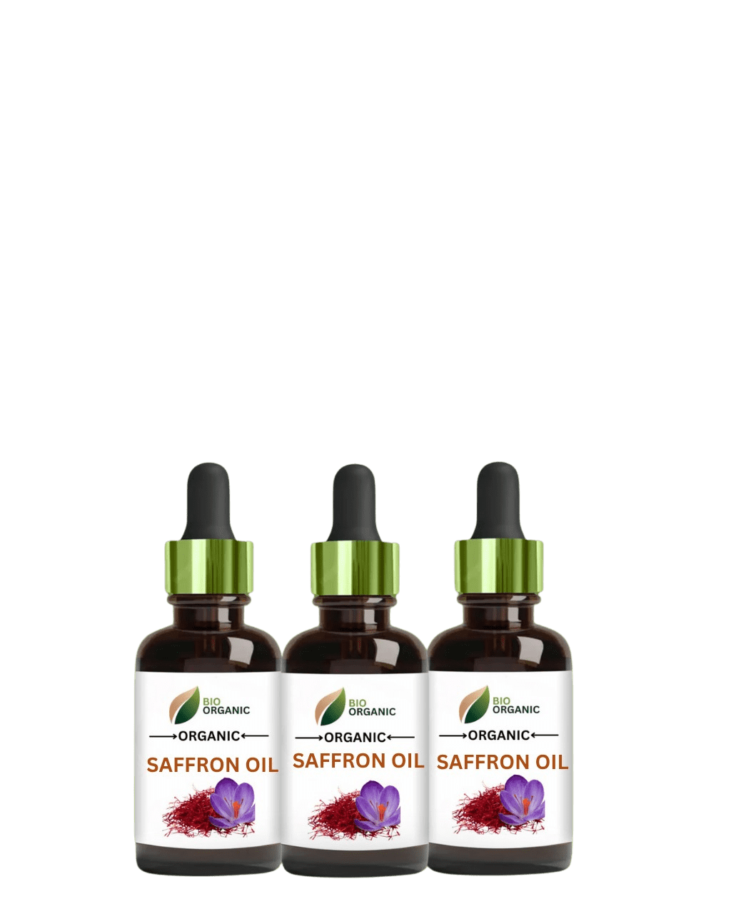 Organic Saffron Oil – 100% Pure & Natural Extract Pure organic saffron oil in a glass bottle with saffron strands around it, displayed on a natural surface.