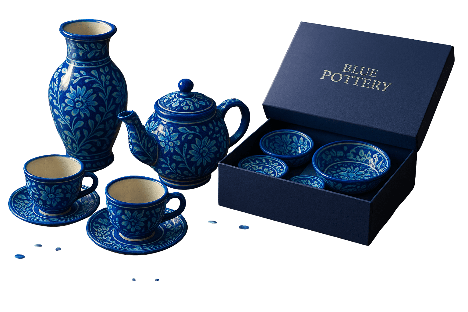 Traditional Handcrafted Blue Pottery Handcrafted blue pottery bowl with intricate floral design.