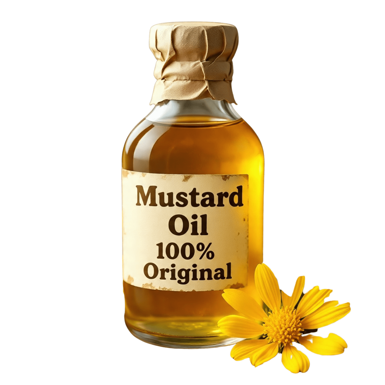 Pure Mustard Oil – Natural Flavor & Wellness Pure mustard oil in a glass bottle with mustard seeds placed beside it