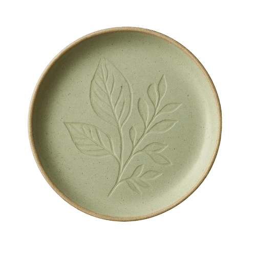 Handmade sage green ceramic plate with embossed leaf design and natural clay rim Handmade sage green ceramic plate with embossed leaf design and natural clay rim